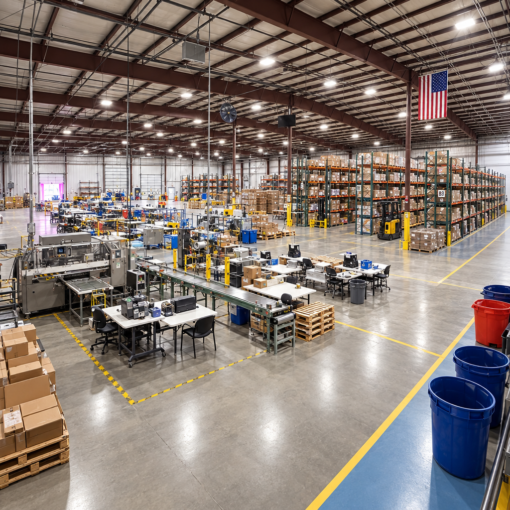 Packaging workstations, boxed product on pallets and tall pallet racking on the TCO warehouse floor