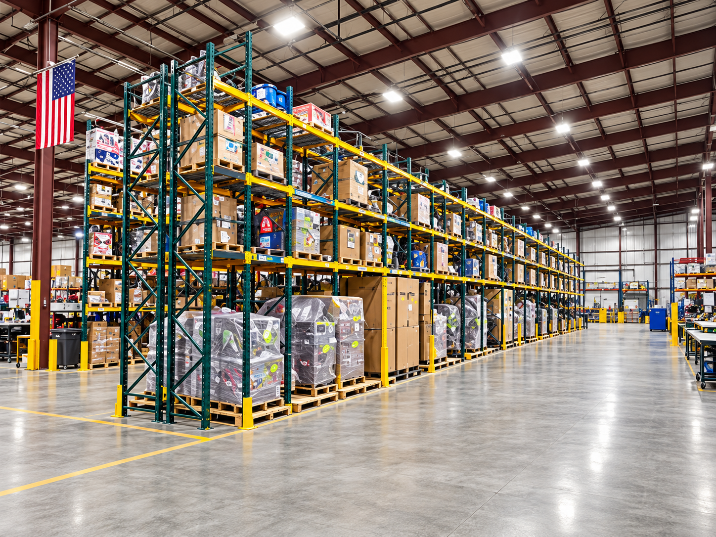 Tall pallet racking stacked with boxed product and shrink wrapped pallets along a warehouse aisle
